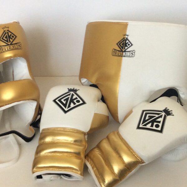 Boxing sparring set cowhide leather gold and white
