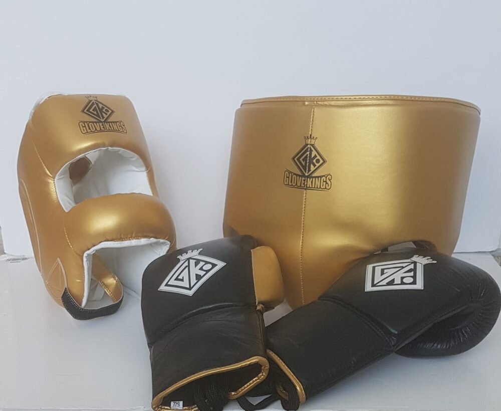 Boxing sparring set cowhide leather gold and black