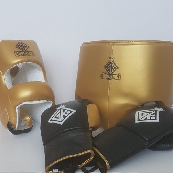 Boxing sparring set cowhide leather gold and black