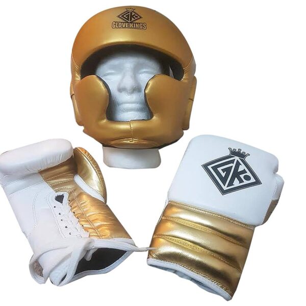 Boxing sparring set cowhide leather gold and white