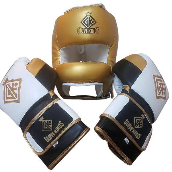 Boxing sparring set cowhide leather gold and white velcro