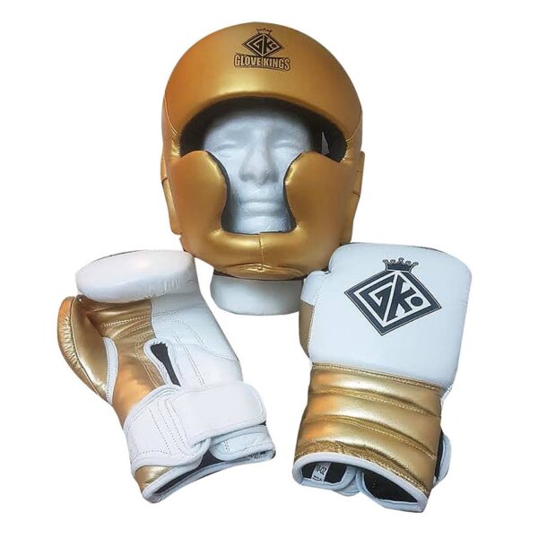 Boxing sparring set cowhide leather gold and white velcro