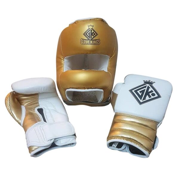 Boxing sparring set cowhide leather gold and white velcro