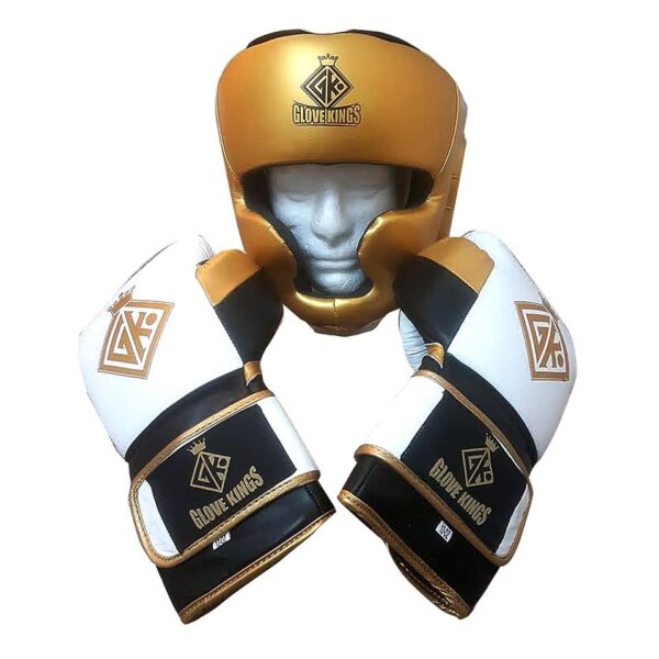 Boxing sparring set cowhide leather gold and white velcro